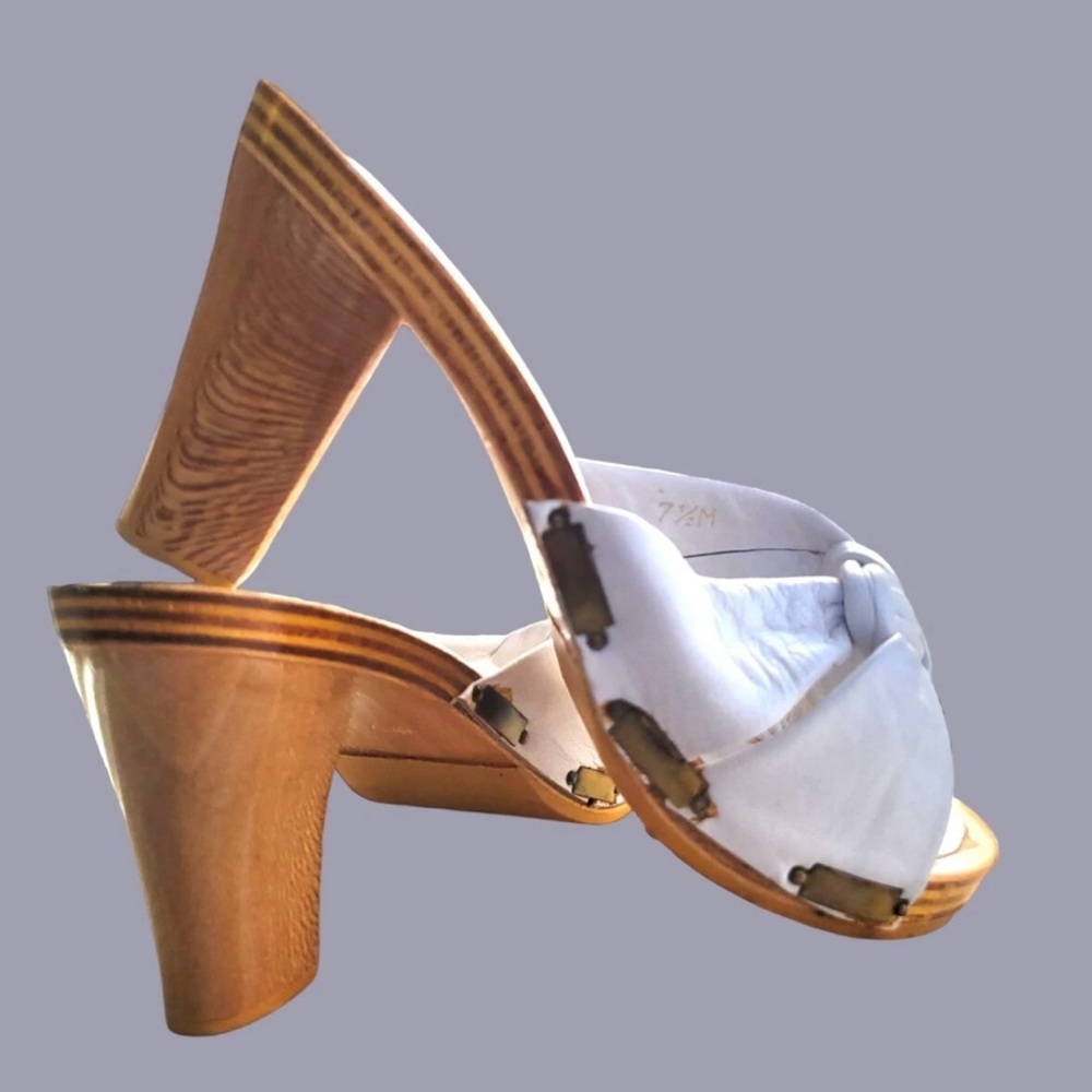 White Leather Clog Mules with Wooden Heel